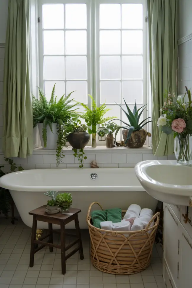 A bathroom featuring a variety of green plants