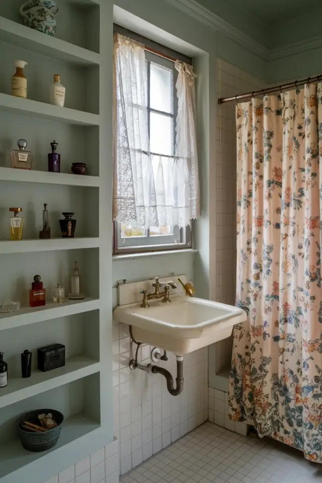 A bathroom with built-in shelves