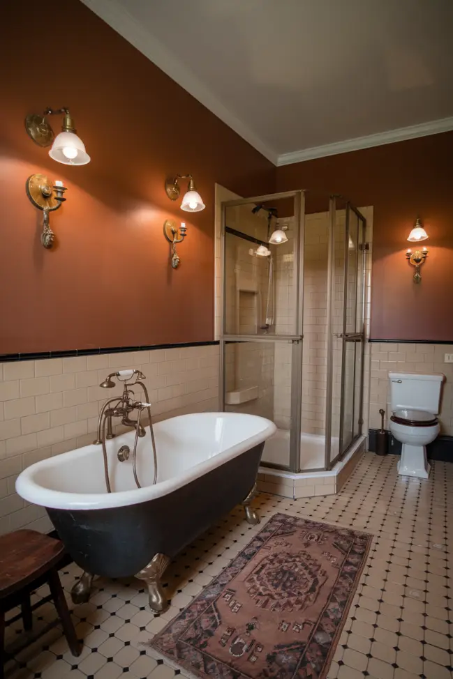 A bathroom with wall sconces in antique brass