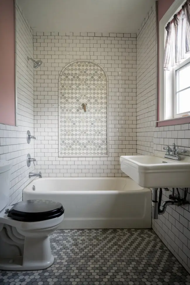 A bathroom with white subway tiles