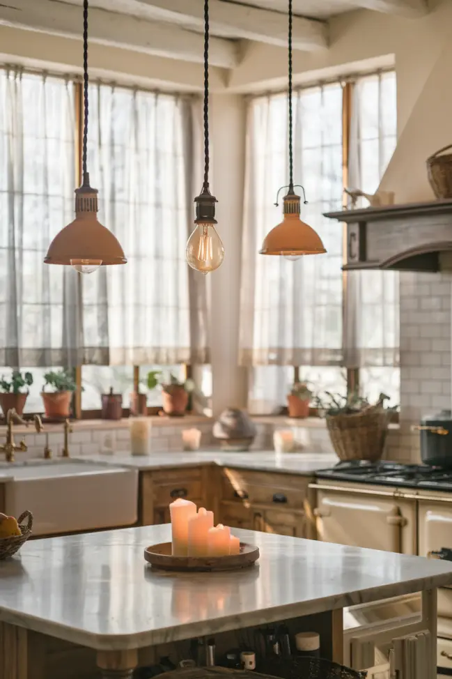 A country-style kitchen with soft, warm lighting