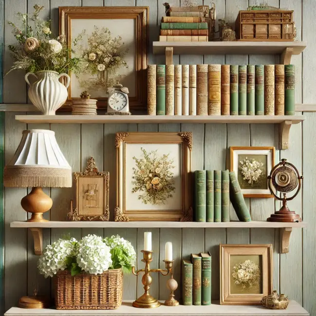 A cozy and elegant wall shelf decor with a vintage and rustic theme