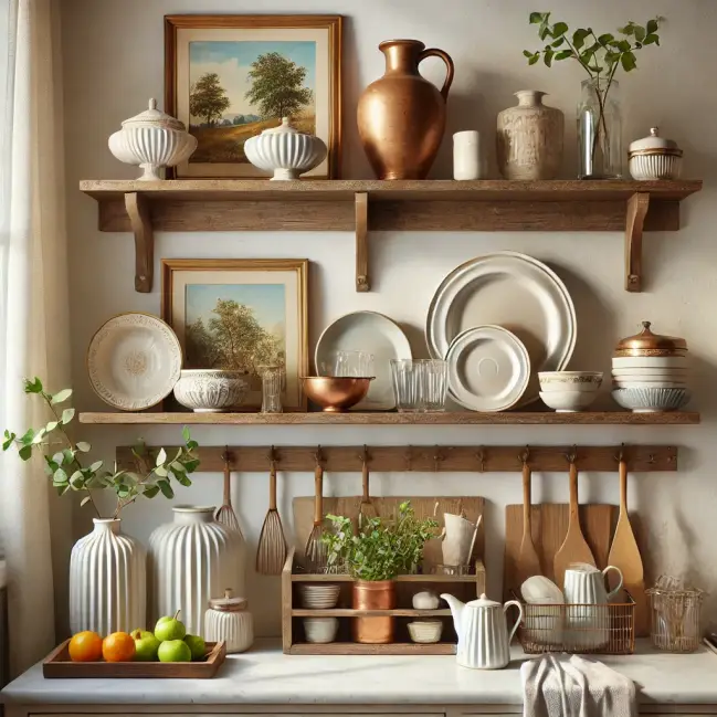 A kitchen scene with a rustic and vintage theme