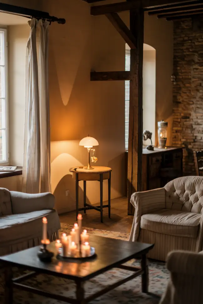 A living room illuminated by warm table lamp