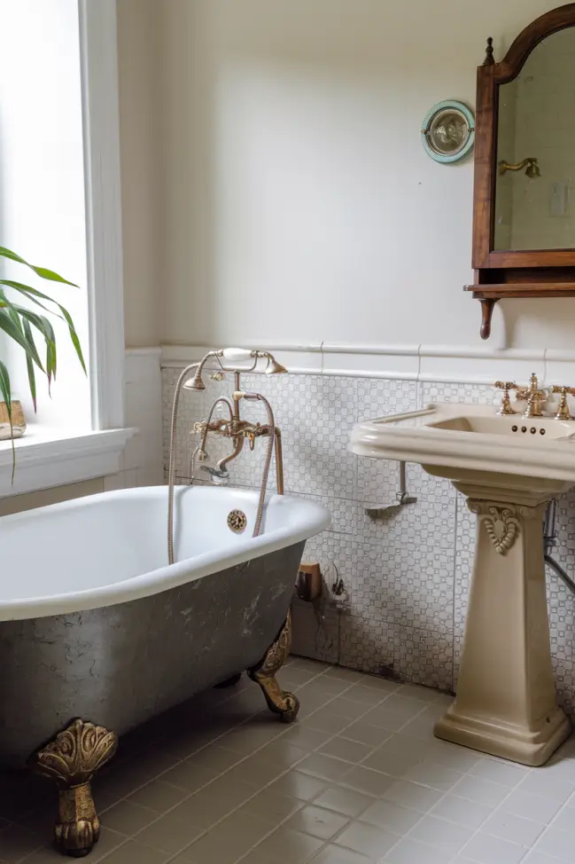 A vintage bathroom featuring a freestanding clawfoot tub