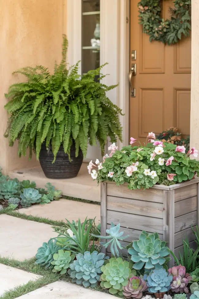 A welcoming house entryway decorated with lush greenery