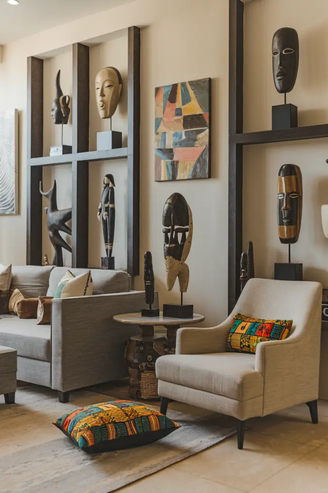 An Afrocentric living room adorned with African art