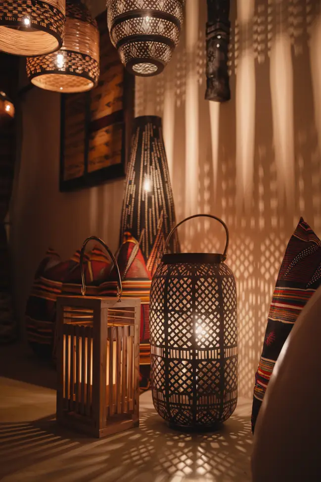 An Afrocentric living room with soft, warm lighting