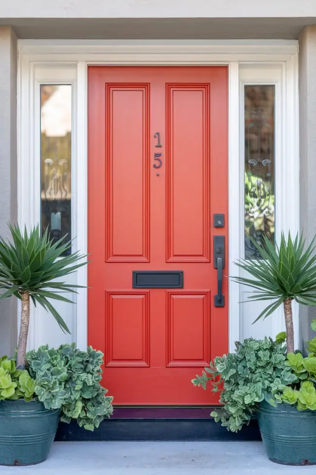 Bold Front Door with Bright Red Paint and Modern Hardware