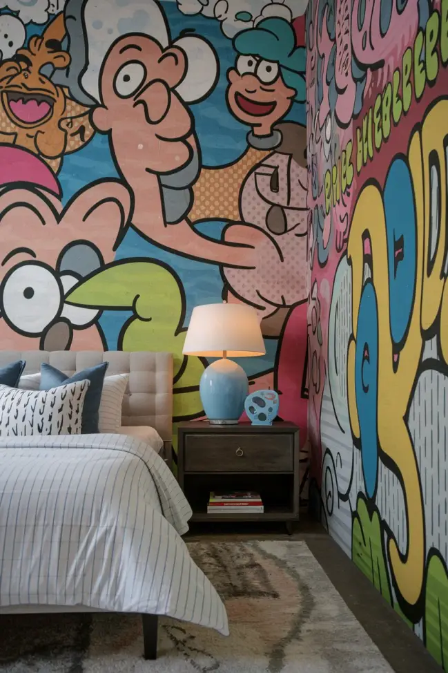 Cartoon-Inspired Graffiti in a Fun, Playful Bedroom