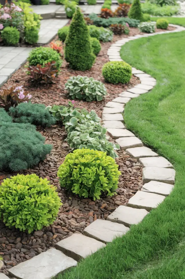 Clean Garden Beds with Stone Edging and Neatly Trimmed Shrubs