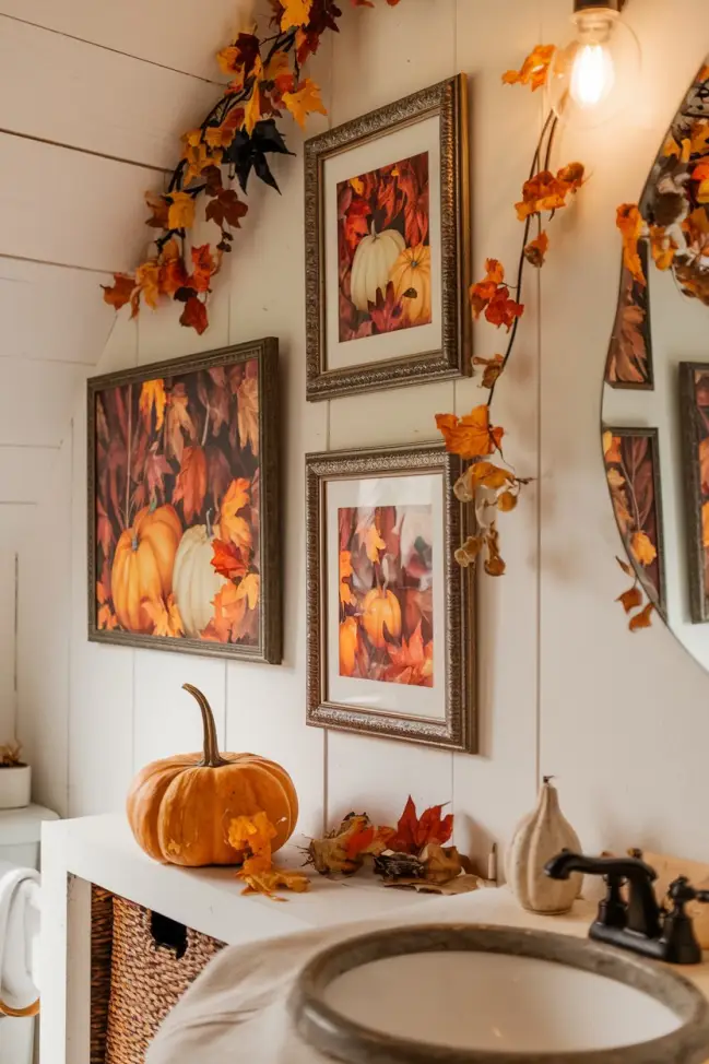 Fall-themed art in bathroom