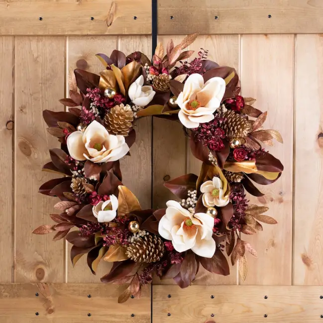 Front Door Christmas Wreath - Cream Magnolia Flower, Bronze & Gold Magnolia Leaf with Rose Gold Bay Leaf and Holiday Balls