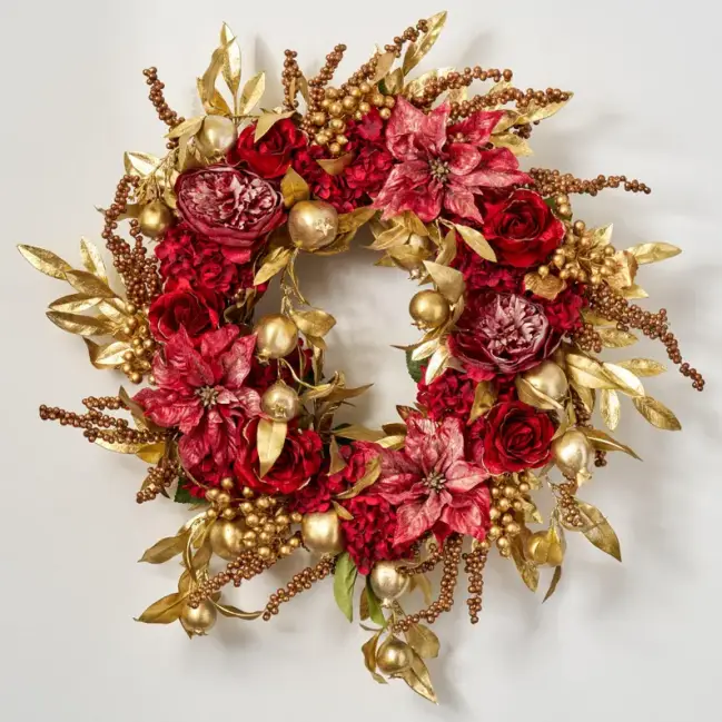 Garnet & Gold Grandeur - Red Gold Dipped Rose, Hydrangea with Hanging Gilded Pomegranates and Berry Lux Christmas Wreath