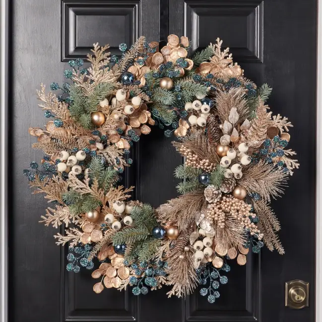 Gilded Gold Eucalyptus, Bronze Glitter Berry & Christmas Ball Ornament Front Door Holiday Wreath