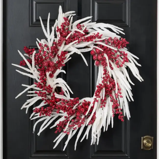 Iced Red Berry & Real Touch White Norfolk Pine Christmas Front Door Mantle Wreath