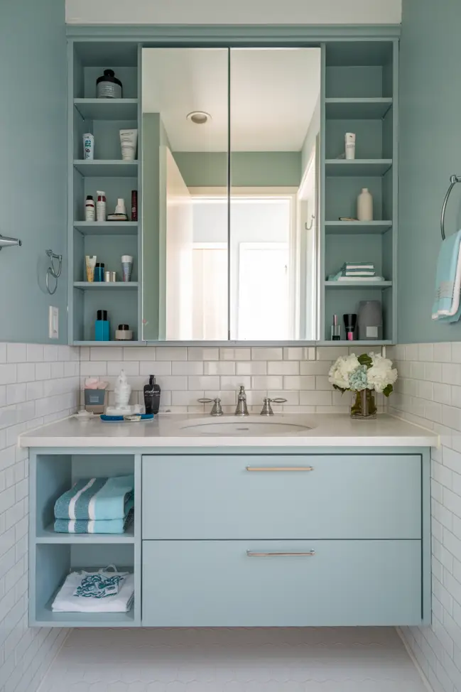 Mirror with Built-In Storage in a Bathroom