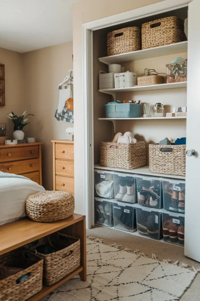 Organized Baskets and Bins in a Bedroom