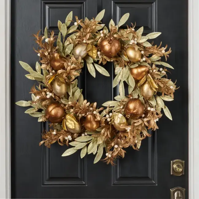 Pearl Mistletoe Christmas Wreath with Gilded Bay Leaf, Gold Lemon, Bronze Pomegranate & Pear