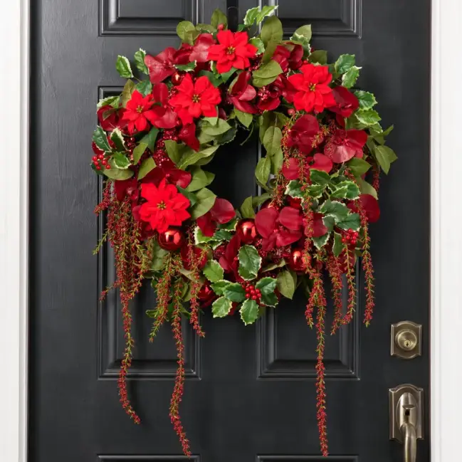 Red Ruby Noel - Burgundy Orchid, Mini Poinsettia, Salal & Holly Berry Front Door Christmas Wreath 