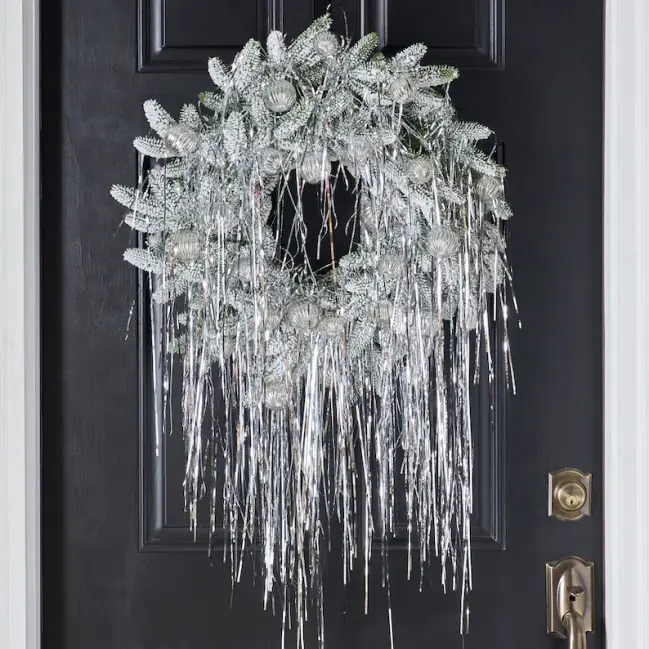 Retro Holiday Glamour - Dense Silver Draped Tinsel with Mini Mercury Look Ornaments on Snow Pine Christmas Door Wreath