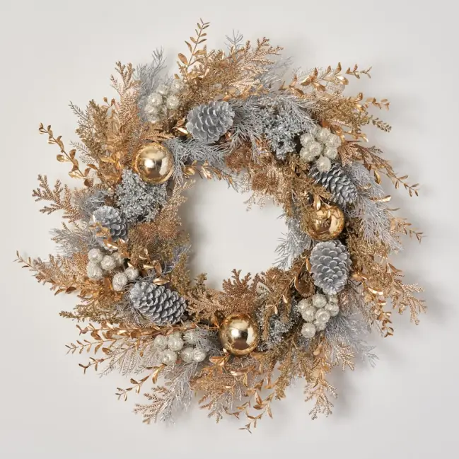 Silver and Gold Mixed Metallic Modern Front Door Christmas Wreath with Champagne Cedar, Pinecones & Ornaments