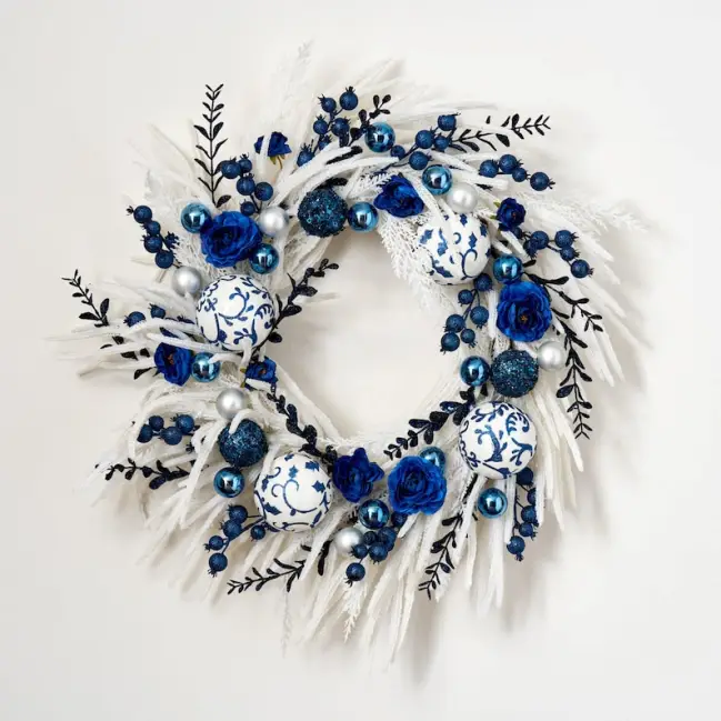 Slate Blue & Chinoiserie Ornament Ball Christmas Wreath