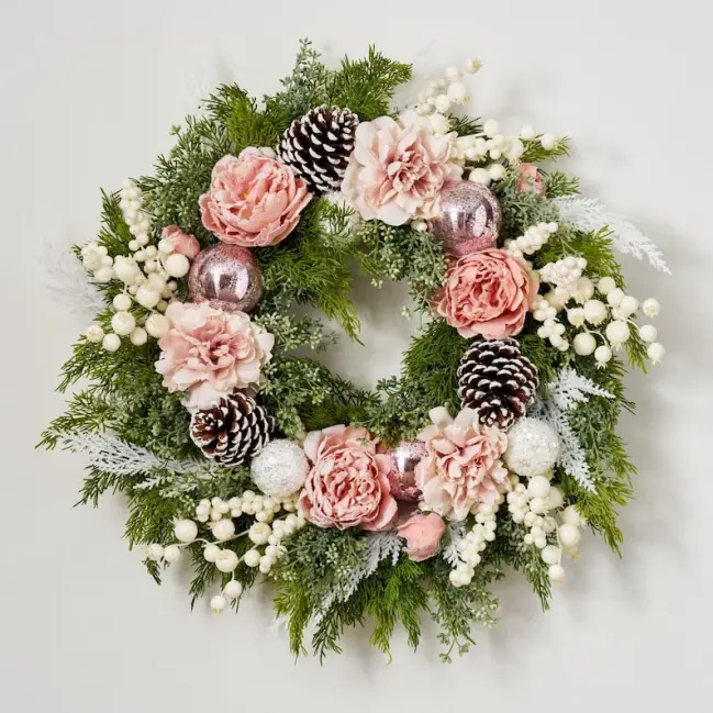 Snowy Peony Resplendence Front Door Christmas Wreath Holiday Wall Decor