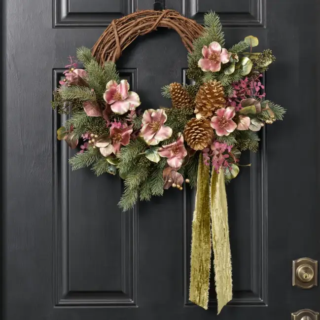 Winter Iridescence - Mauve Green Metallic Christmas Rose & Eucalyptus Front Door Christmas Holiday Wreath